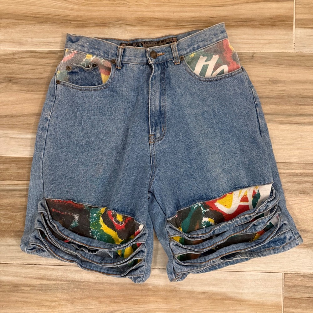 Vintage 90s Florida Blues Graffiti Cutout Jorts Skater Grunge Denim Shorts
